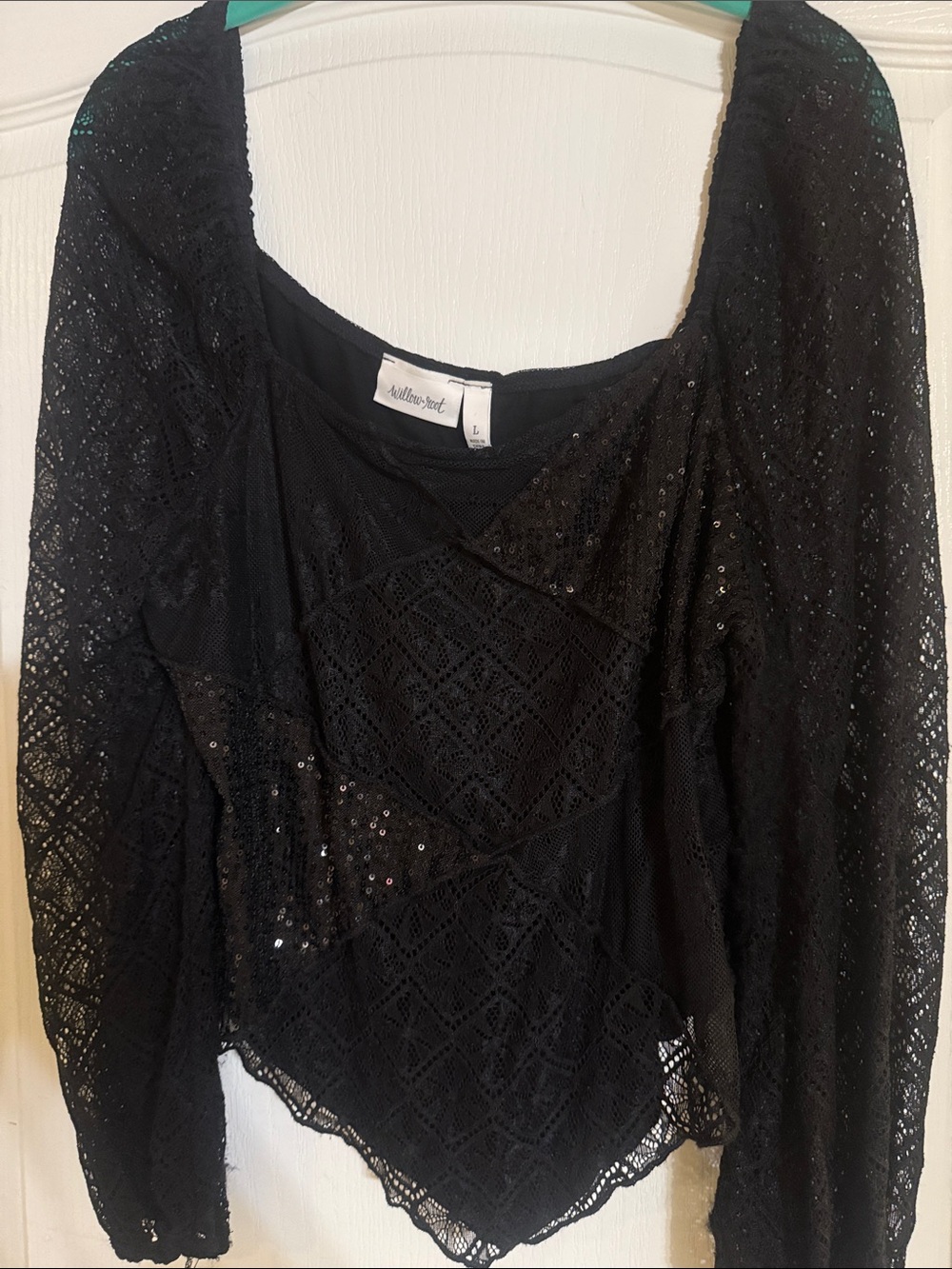 Black Lace Long-Sleeve Blouse with Sequin Detail